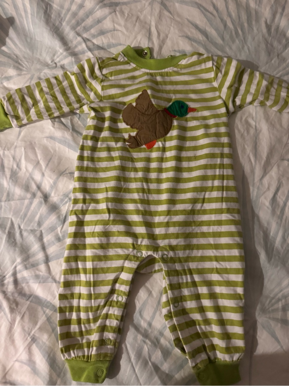 The Bailey Boys Duck Romper 9M Green Stripe EUC